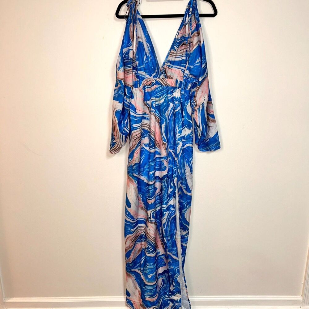 Carole Christian Maxi Dress Womens Small Blue Swirl Print V-Neck Summer Vacation